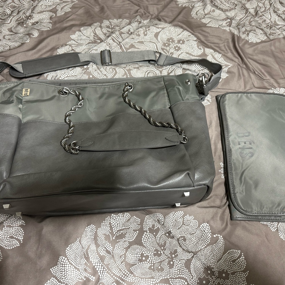 BEIS grey diaper bag. Comes with shoulder strap and handle straps w/changing pad